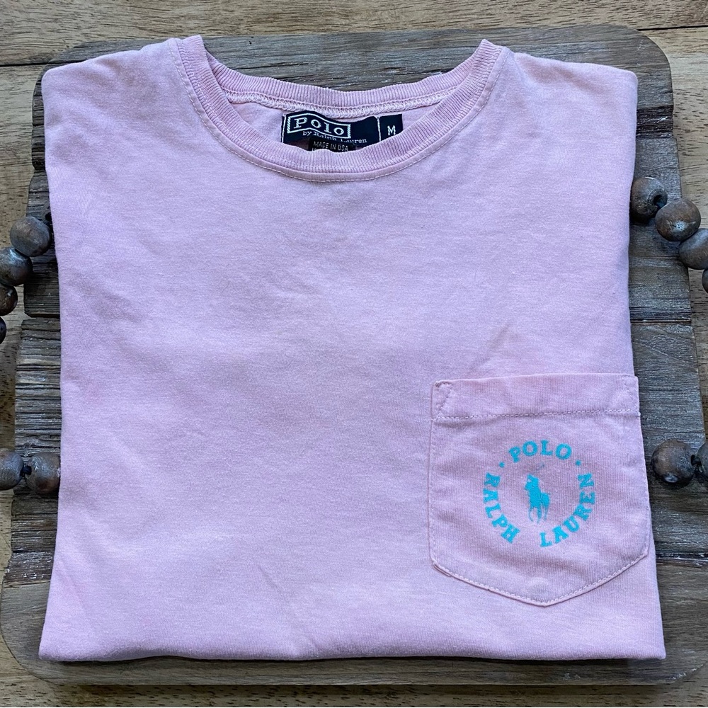 Vintage Polo by Ralph Lauren Youth Sz Medium Lt. Pink Cotton Graphic‎ Pocket Tee